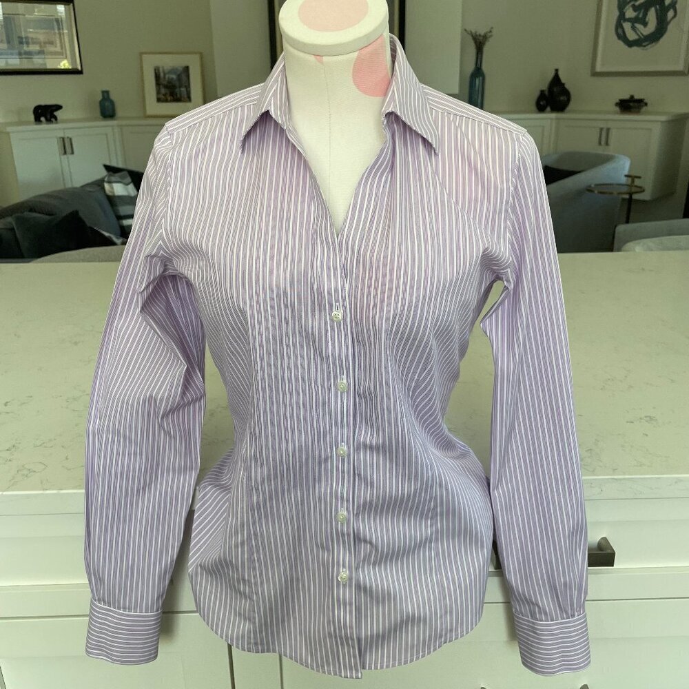 Brooks Brothers Petite Fitted LS Button Down Striped Blouse Purple Wht Sz 4P - Picture 1 of 11